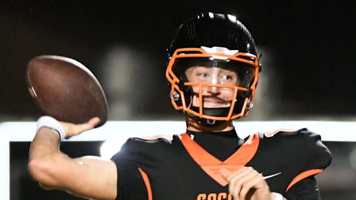 Brady Hart of Cocoa Tigers passes against Rockledge in the annual Barbecue Bowl Friday, November 1, 2024. Craig Bailey/FLORIDA TODAY via USA TODAY NETWORK