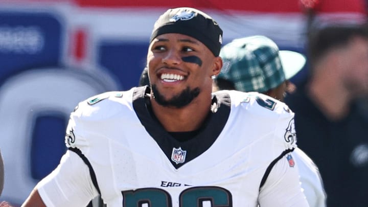 Philadelphia Eagles running back Saquon Barkley warms up before a game vs. the New York Giants. Philadelphia Eagles running back Saquon Barkley warms up before a game vs. the New York Giants.