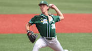 Tulane pitcher Luc Fladda on the mound for an eight-inning outing against Nicholls at the 2024 Corvallis Regional.
