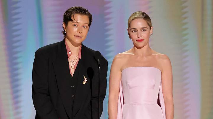 LOS ANGELES, CALIFORNIA - SEPTEMBER 14: (L-R) Emma D'Arcy and Emilia Clarke speak onstage during the 78th Primetime Emmy Awards at Peacock Theater on September 14, 2026 in Los Angeles, California.