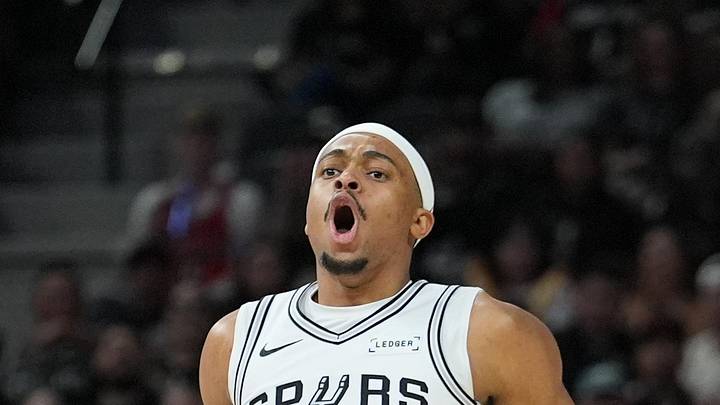 Mar 30, 2026; San Antonio, Texas, USA;  San Antonio Spurs forward Keldon Johnson (3) celebrates in the first half against the Chicago Bulls at Frost Bank Center. Mandatory Credit: Daniel Dunn-Imagn Images
