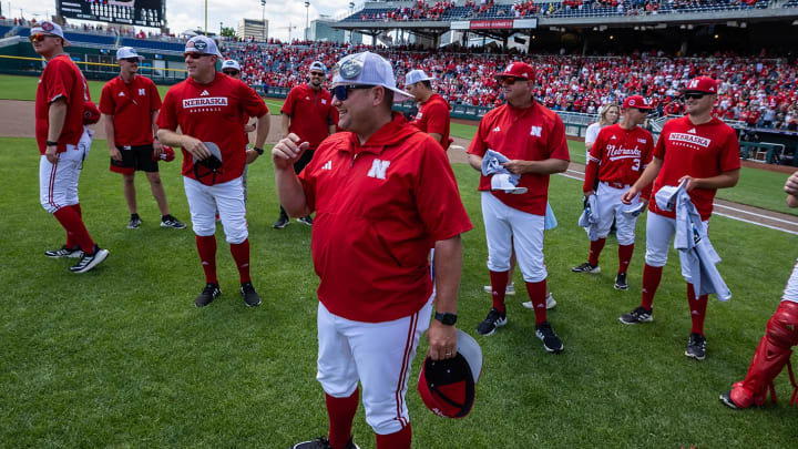 Nebraska baseball coach Will Bolt addresses the crowd in Omaha after his Huskers won the 2024 Big Ten Conference Tournament.