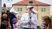 Chancellor emeritus Victor J. Boschini Jr. speaks at an event in May celebrating TCU's newest national champion, beach volleyball. 