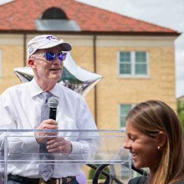 Chancellor emeritus Victor J. Boschini Jr. speaks at an event in May celebrating TCU's newest national champion, beach volleyball. 