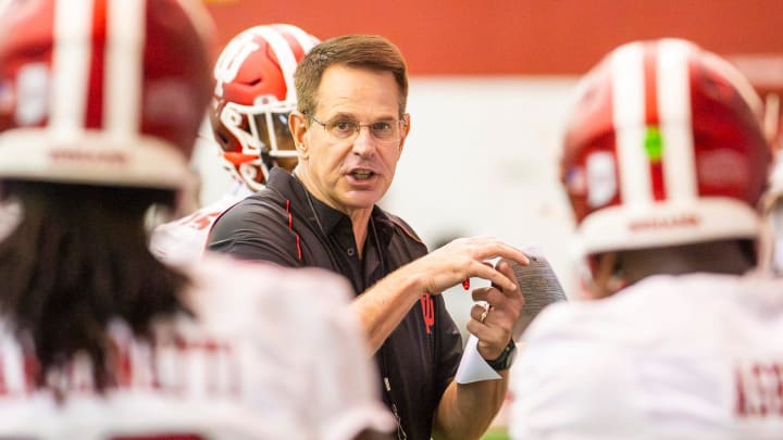 Curt Cignetti coaches during Indiana football fall practice.