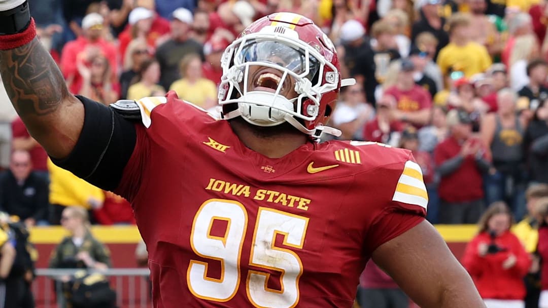 Sep 6, 2025; Ames, Iowa, USA; Iowa State Cyclones defensive lineman Domonique Orange (95) celebrates after a play against the Iowa Hawkeyes during the second half at Jack Trice Stadium. Mandatory Credit: Reese Strickland-Imagn Images