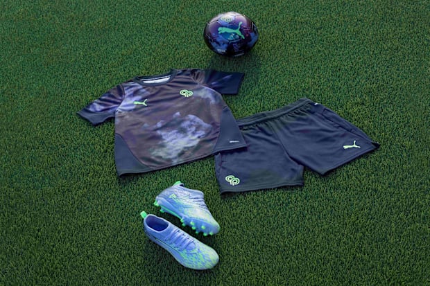 Blue soccer apparel and cleats.
