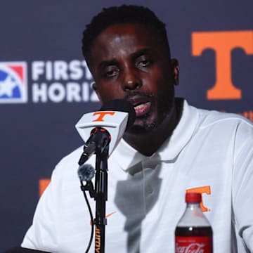 University of Tennessee football's defensive coordinator Tim Banks speaks to the press on media day at the campus in Knoxville, Tuesday, July 30, 2024.`