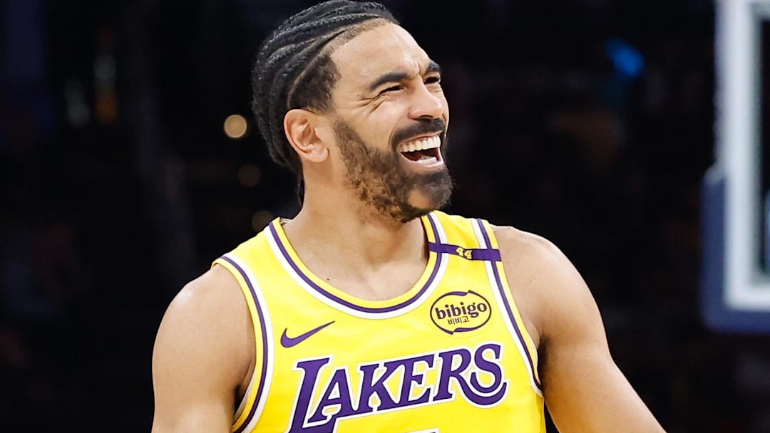 Los Angeles Lakers guard Gabe Vincent (7) smiles after a play against the Oklahoma City Thunder during the second half at Paycom Center.