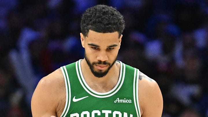 Apr 26, 2026; Philadelphia, Pennsylvania, USA; Boston Celtics forward Jayson Tatum (0) reacts after making a three point basket against the Philadelphia 76ers during the second half at Xfinity Mobile Arena. Mandatory Credit: Eric Hartline-Imagn Images