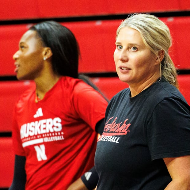 Nebraska volleyball coach Dani Busboom Kelly at practice ahead of the 2025 season.