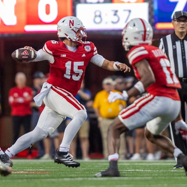 Nebraska quarterback Dylan Raiola throws a short pass against Illinois.