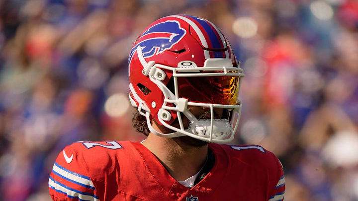 Josh Allen wore the Bills' new red helmet at training camp Josh Allen wore the Bills' new red helmet at training camp