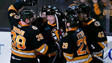The celebrate Providence Bruins a second period score by teammate Providence forward Jimmy Lambert.