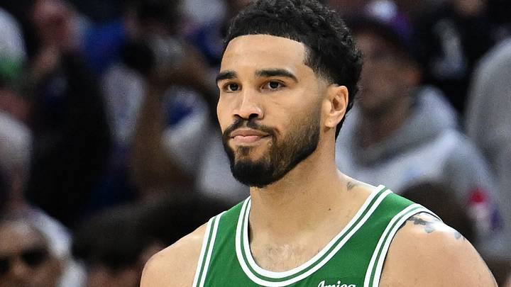 Apr 24, 2026; Philadelphia, Pennsylvania, USA; Boston Celtics forward Jayson Tatum (0) reacts after a three point basket against the Philadelphia 76ers during the second half at Xfinity Mobile Arena. Mandatory Credit: Eric Hartline-Imagn Images