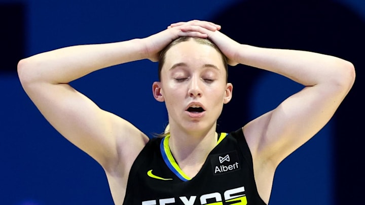 Dallas Wings guard Paige Bueckers reacts during the second half against the Golden State Valkyries.