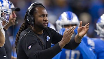 Dec 19, 2021; Detroit, Michigan, USA; Detroit Lions outside linebackers coach Kelvin Sheppard claps his hands during the third quarter against the Arizona Cardinals at Ford Field. Mandatory Credit: Raj Mehta-Imagn Images