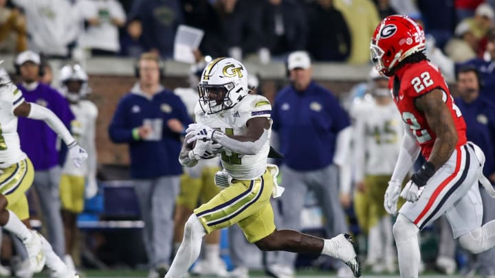 Nov 25, 2023; Atlanta, Georgia, USA; Georgia Tech Yellow Jackets running back Jamal Haynes (11) runs the ball against the Georgia Bulldogs in the second half at Bobby Dodd Stadium at Hyundai Field. Mandatory Credit: Brett Davis-USA TODAY Sports