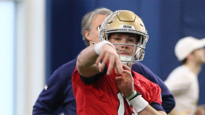 Notre Dame quarterback Riley Leonard (13) passes at Notre Dame spring football practice Thursday, March 7, 2024, at the Irish Athletics Center in South Bend.