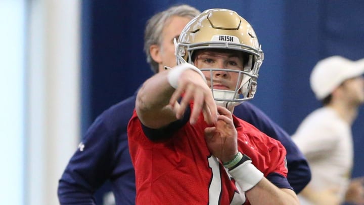 Notre Dame quarterback Riley Leonard (13) passes at Notre Dame spring football practice Thursday, March 7, 2024, at the Irish Athletics Center in South Bend.