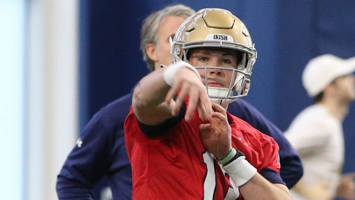 Notre Dame quarterback Riley Leonard (13) passes at Notre Dame spring football practice Thursday, March 7, 2024, at the Irish Athletics Center in South Bend.