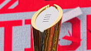 The College Football Playoff trophy sits on display during the Ohio State Buckeyes National Championship celebration at Ohio Stadium in Columbus on Jan. 27, 2025.
