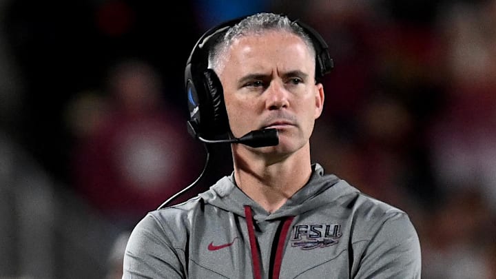 Dec 29, 2022; Orlando, Florida, USA; Florida State Seminoles head coach Mike Norvell looks on in the second half against the Oklahoma Sooners in the 2022 Cheez-It Bowl at Camping World Stadium. Mandatory Credit: Jonathan Dyer-Imagn Images