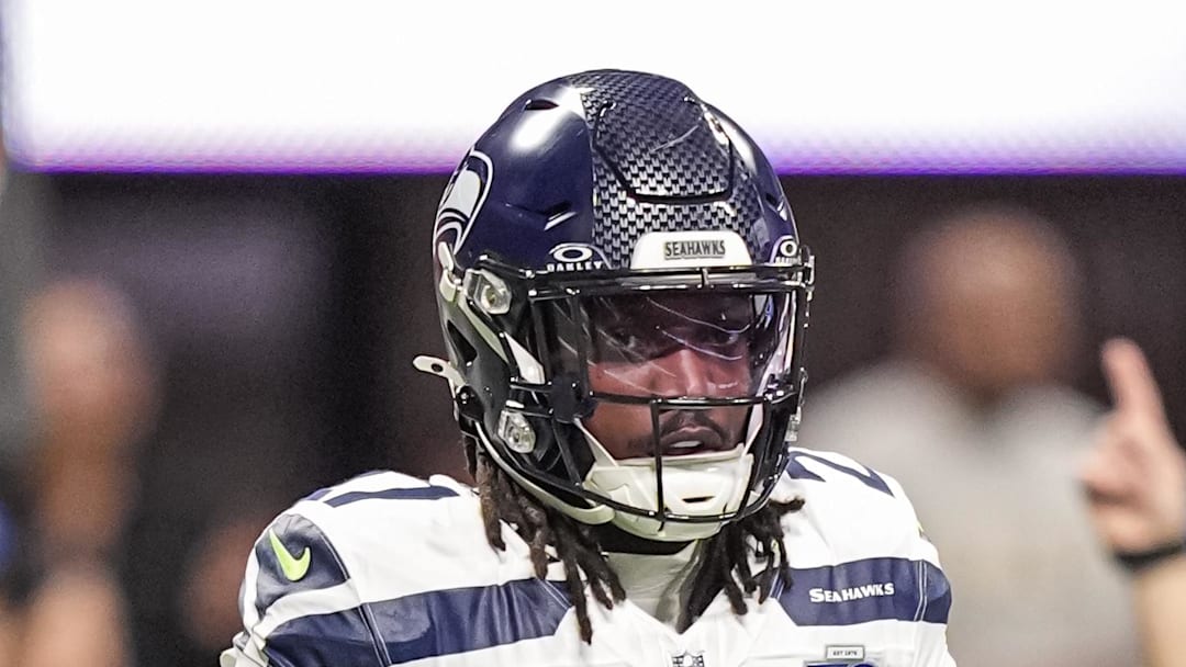 Seattle Seahawks cornerback Riq Woolen on the field against the Atlanta Falcons.