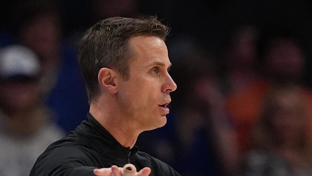 Mar 13, 2026; Charlotte, NC, USA; Duke Blue Devils head coach Jon Scheyer signals to his team late during the second half against the Clemson Tigers at Spectrum Center. Mandatory Credit: Jim Dedmon-Imagn Images