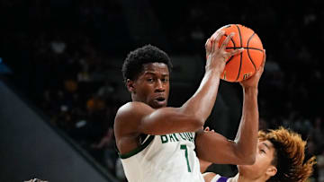 Nov 17, 2024; Waco, Texas, USA;  Baylor Bears guard VJ Edgecombe (7) grabs a rebound between Tarleton Texans guard Izzy Miles (0) and guard Jordan Mizell (4) during the second half at Paul and Alejandra Foster Pavilion. Mandatory Credit: Chris Jones-Imagn Images