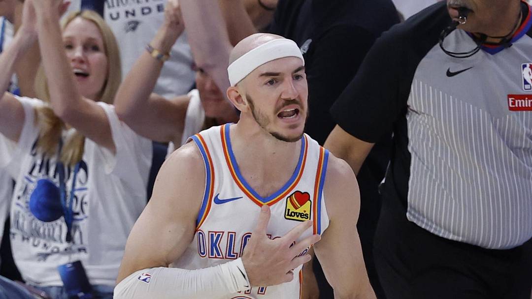 May 26, 2026; Oklahoma City, Oklahoma, USA; Oklahoma City Thunder guard Alex Caruso (9) reacts after a basket during the fourth quarter against the San Antonio Spurs in game five of the western conference finals for the 2026 NBA playoffs at Paycom Center. Mandatory Credit: Alonzo Adams-Imagn Images