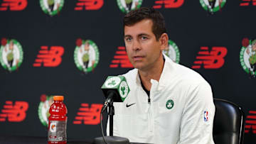 Sep 24, 2024; Boston, MA, USA;  Boston Celtics general manager Brad Stevens talks to reporters during media day at Auerbach Center. Mandatory Credit: David Butler II-Imagn Images
