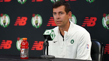 Sep 24, 2024; Boston, MA, USA;  Boston Celtics general manager Brad Stevens talks to reporters during media day at Auerbach Center. Mandatory Credit: David Butler II-Imagn Images
