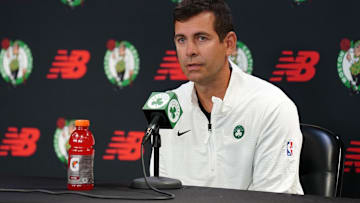 Sep 24, 2024; Boston, MA, USA;  Boston Celtics general manager Brad Stevens talks to reporters during media day at Auerbach Center. Mandatory Credit: David Butler II-Imagn Images