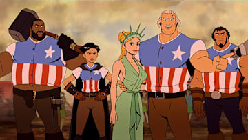 AMERICA: THE MOTION PICTURE - (L-R) Killer Mike as "Blacksmith", Olivia Munn as "Thomas Edison", Judy Greer as "Martha Dandridge", Channing Tatum as "George Washington", Jason Mantzoukas as "Samuel Adams" and Bobby Moynihan as "Paul Revere". Cr: America, The Motion Picture, LLC. © 2021