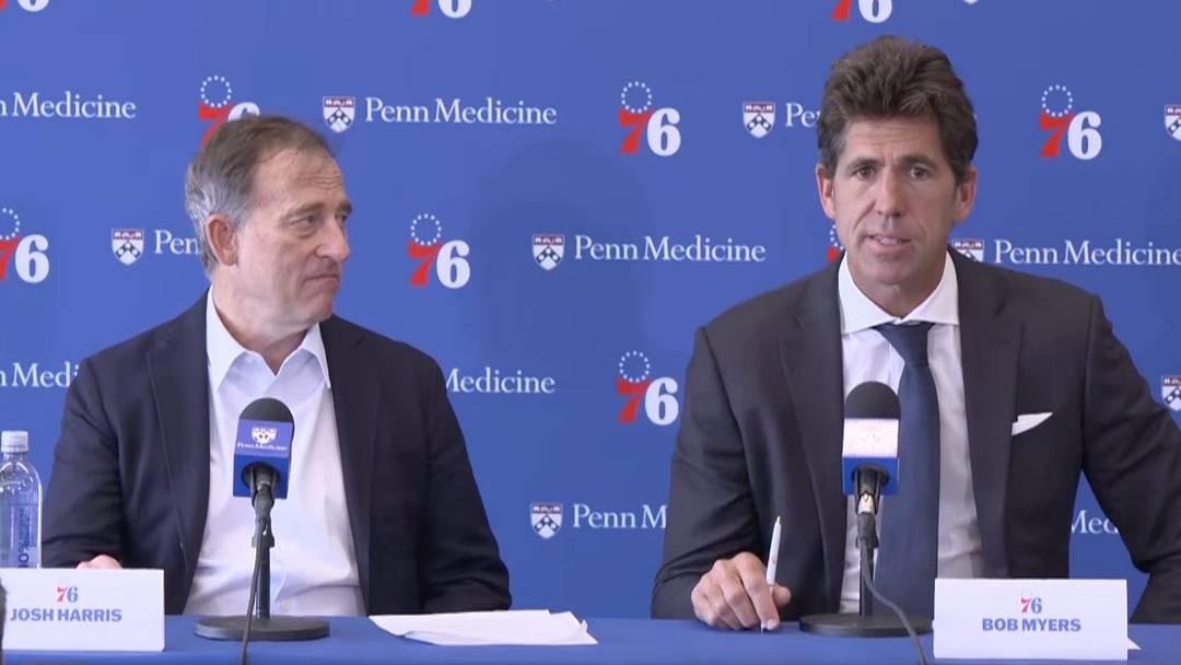 Josh Harris and Bob Myers at the Sixers' end-of-season press conference