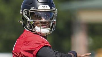 May 10, 2024; Flowery Branch, GA, USA; Atlanta Falcons quarterback Michael Penix Jr passes the football during Rookie Minicamp at the Falcons Training Camp. Mandatory Credit: Dale Zanine-USA TODAY Sports