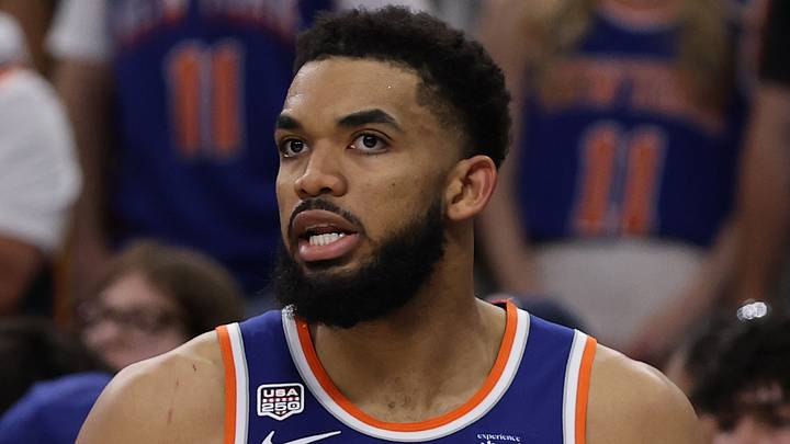 Jun 13, 2026; San Antonio, Texas, USA; New York Knicks center Karl-Anthony Towns (32) reacts after being called for a foul against the San Antonio Spurs during game five of the 2026 NBA Finals at Frost Bank Center. Mandatory Credit: Geoff Burke-Imagn Images