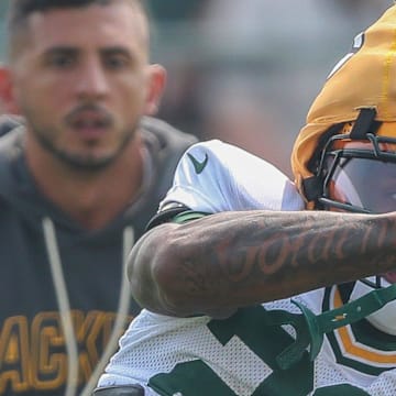 Green Bay Packers receiver Matthew Golden catches a pass during practice at training camp.