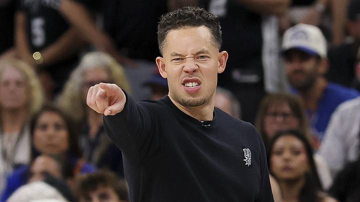 Jun 13, 2026; San Antonio, Texas, USA; San Antonio Spurs head coach Mitch Johnson points to his players during the first quarter during game five of the 2026 NBA Finals at Frost Bank Center. Mandatory Credit: Geoff Burke-Imagn Images