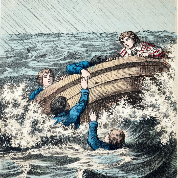 19th-century illustration of capsized boat and three sailors in the water
