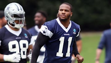 Jun 4, 2024; Frisco, TX, USA; Dallas Cowboys linebacker Micah Parsons (11) runs on the field during practice at the Ford Center at the Star Training Facility in Frisco, Texas. Mandatory Credit: Tim Heitman-Imagn Images
