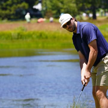 Josh Allen hits a putt at the American Century Championship in Lake Tahoe.
