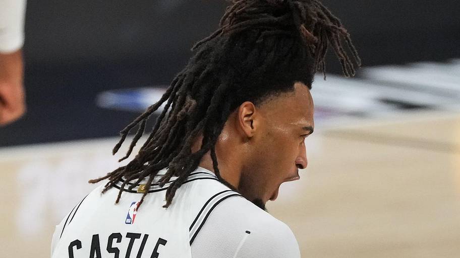 San Antonio Spurs guard Stephon Castle reacts in the third quarter against the Oklahoma City Thunder.