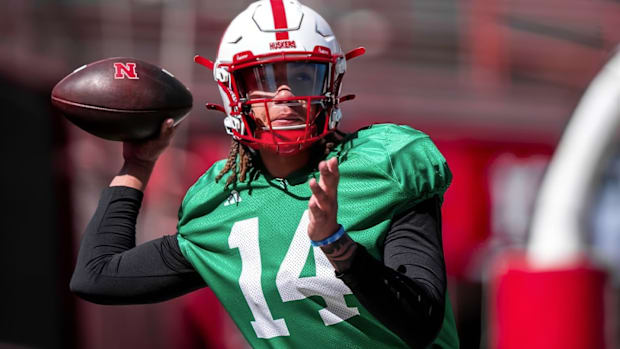 Quarterback TJ Lateef throws during a Nebraska football practice on April 10, 2025.