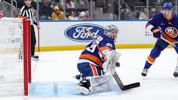 Mar 1, 2025; Elmont, New York, USA;  New York Islanders goaltender Ilya Sorokin (30) makes a save against the Nashville Predators during the third period at UBS Arena. Mandatory Credit: Thomas Salus-Imagn Images