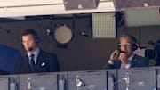 Fox Sports announcer Tom Brady in the broadcast booth.