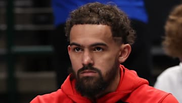 Trae Young #11 of the Atlanta Hawks warms up before facing the Dallas Mavericks.