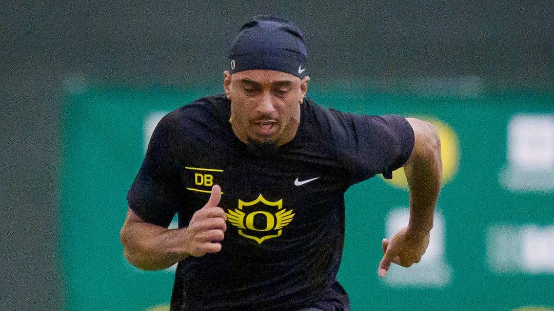 Oregon defensive back Jadon Canady competes in the 40-yard dash during Oregon Pro Day on March 17, 2026, at the Moshofsky Center in Eugene, Oregon.