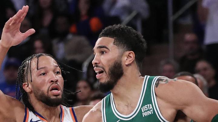 Oct 25, 2023; New York, New York, USA; Boston Celtics forward Jayson Tatum (0) is guarded by New York Knicks guard Jalen Brunson (11) while trying to make a pass in the fourth quarter at Madison Square Garden. Mandatory Credit: Wendell Cruz-Imagn Images